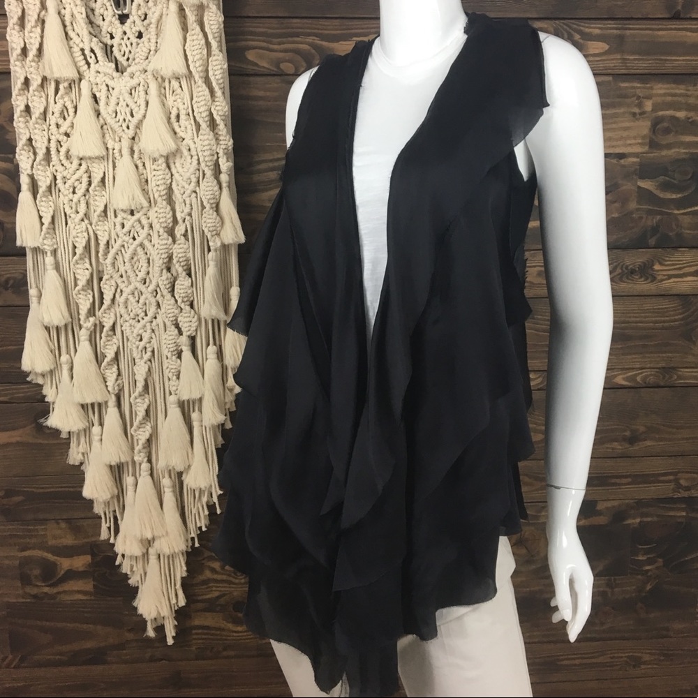 Magaschoni Raw Frayed Ruffle Tiered Wrap Cardigan Sweater Vest